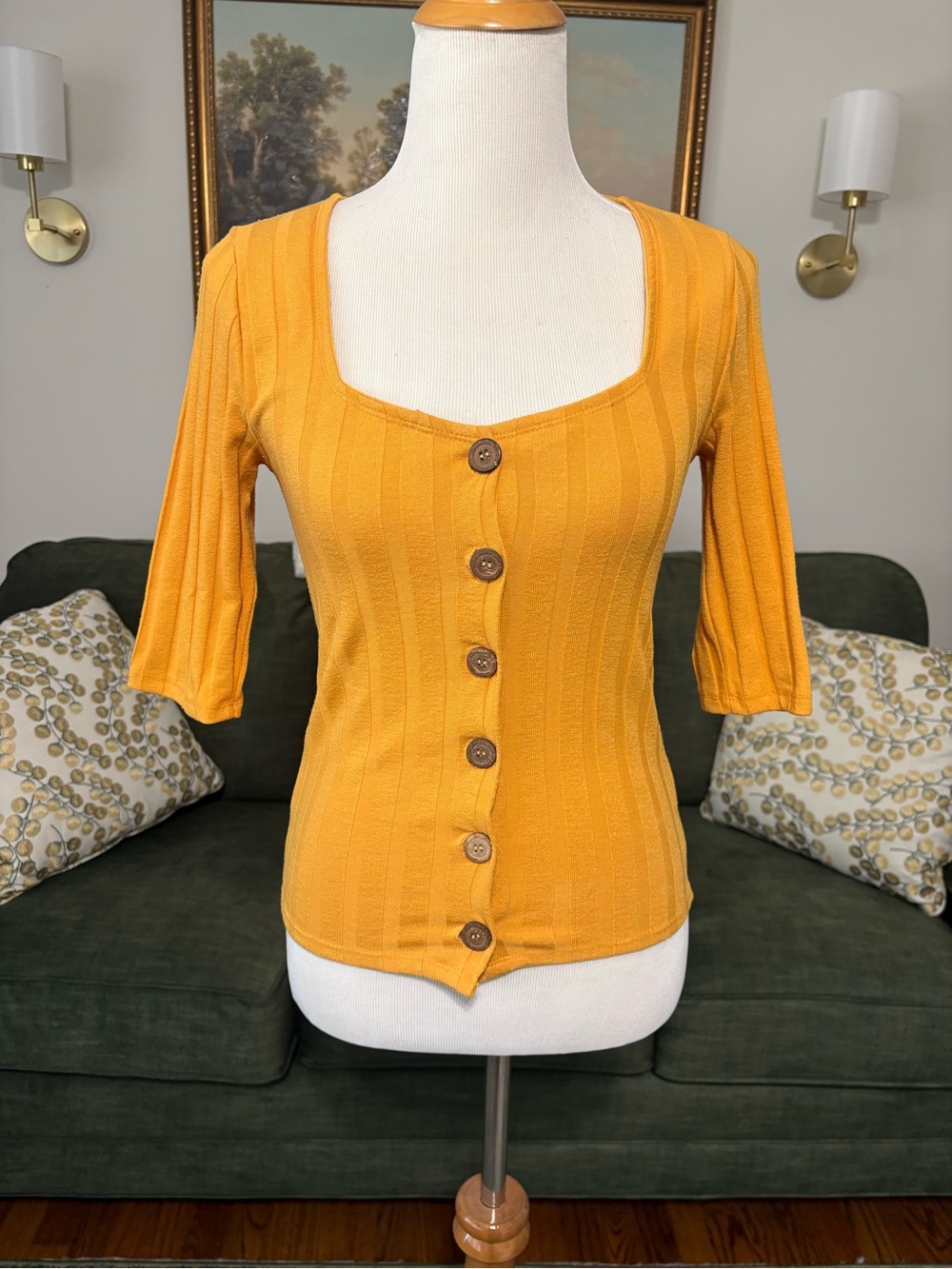 Free People Mustard Yellow Ribbed Button up three quarter sleeve sweater